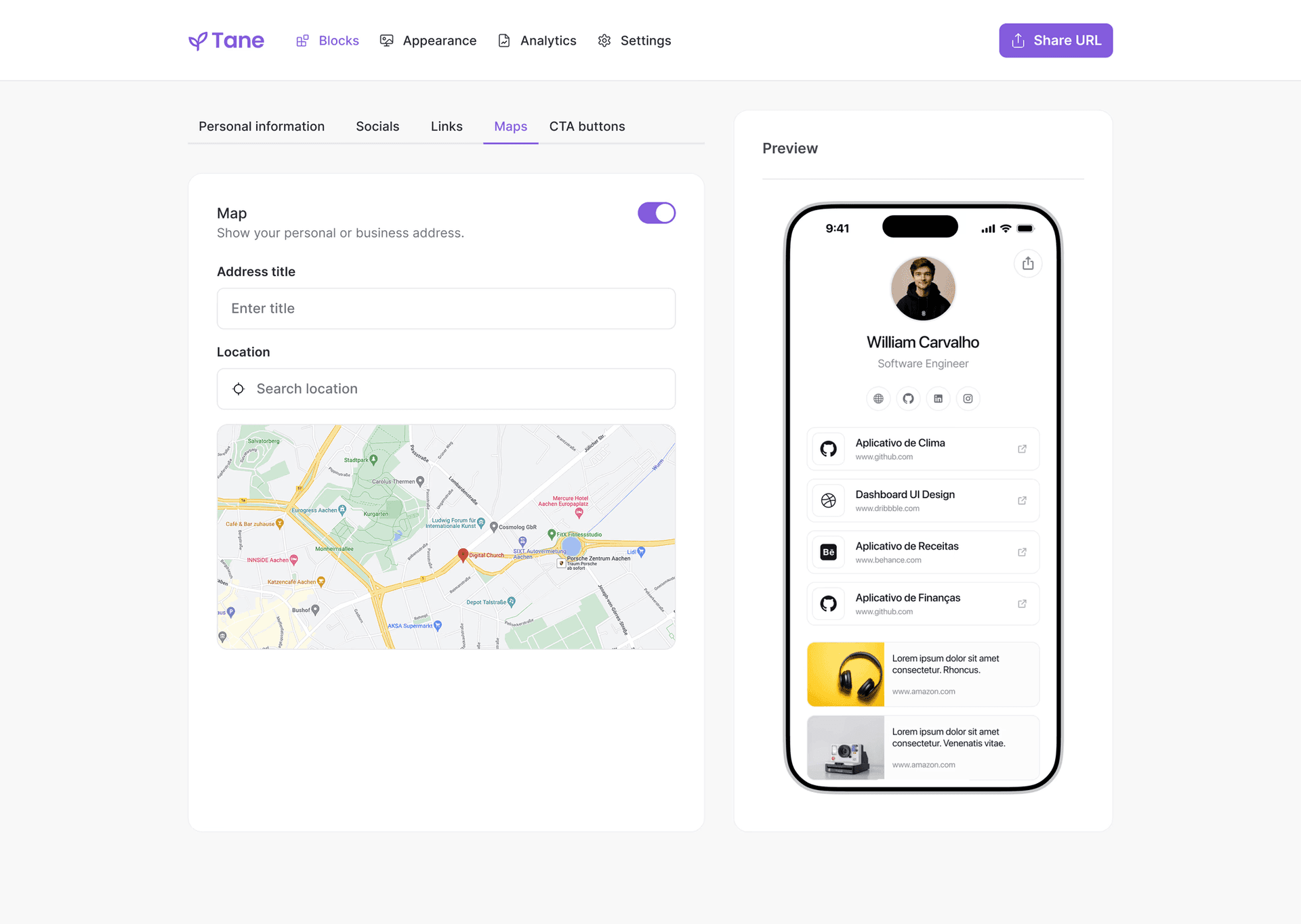 Dashboard page on Tane - A Link in Bio Tool