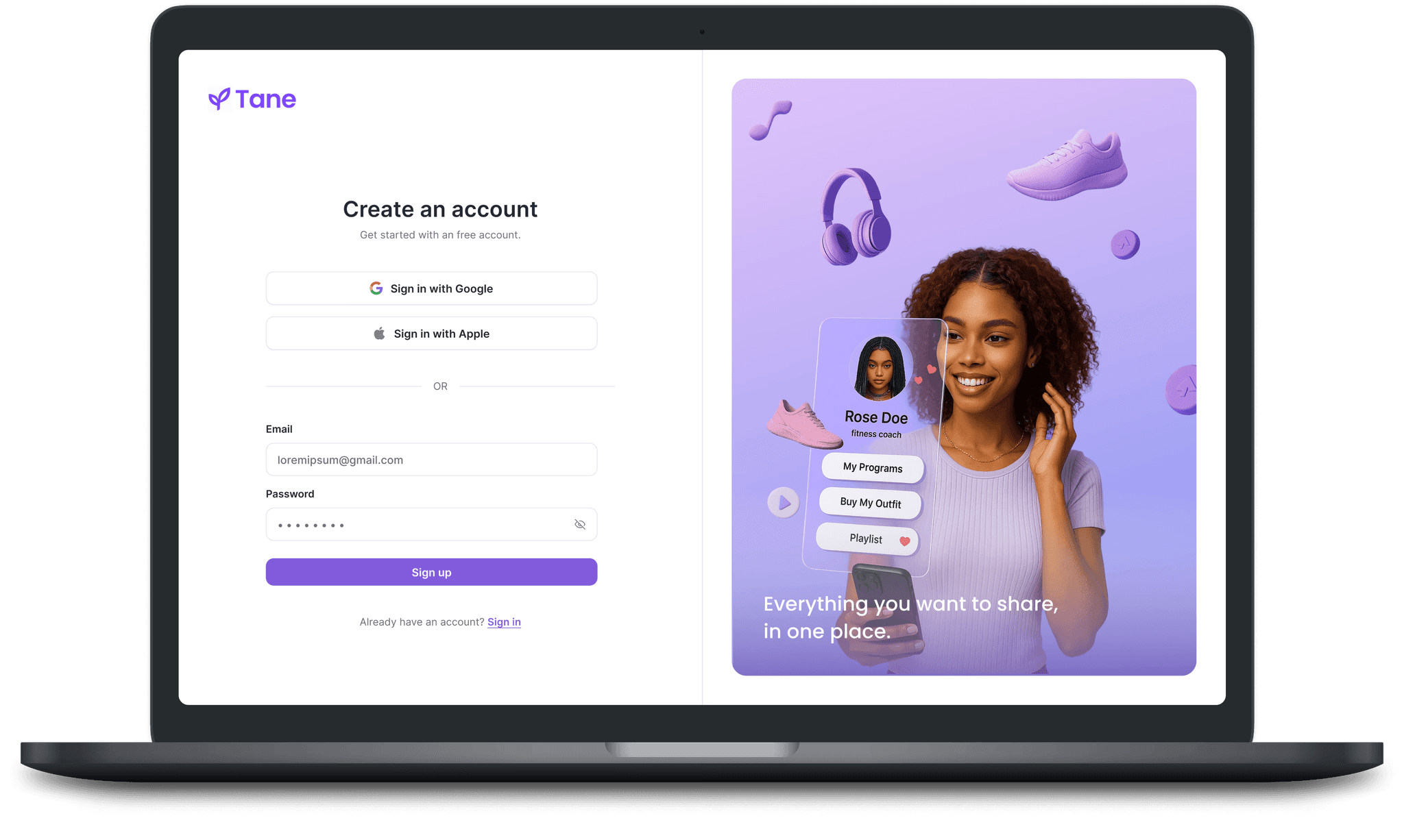 Onboarding page on Tane - A Link in Bio Tool
