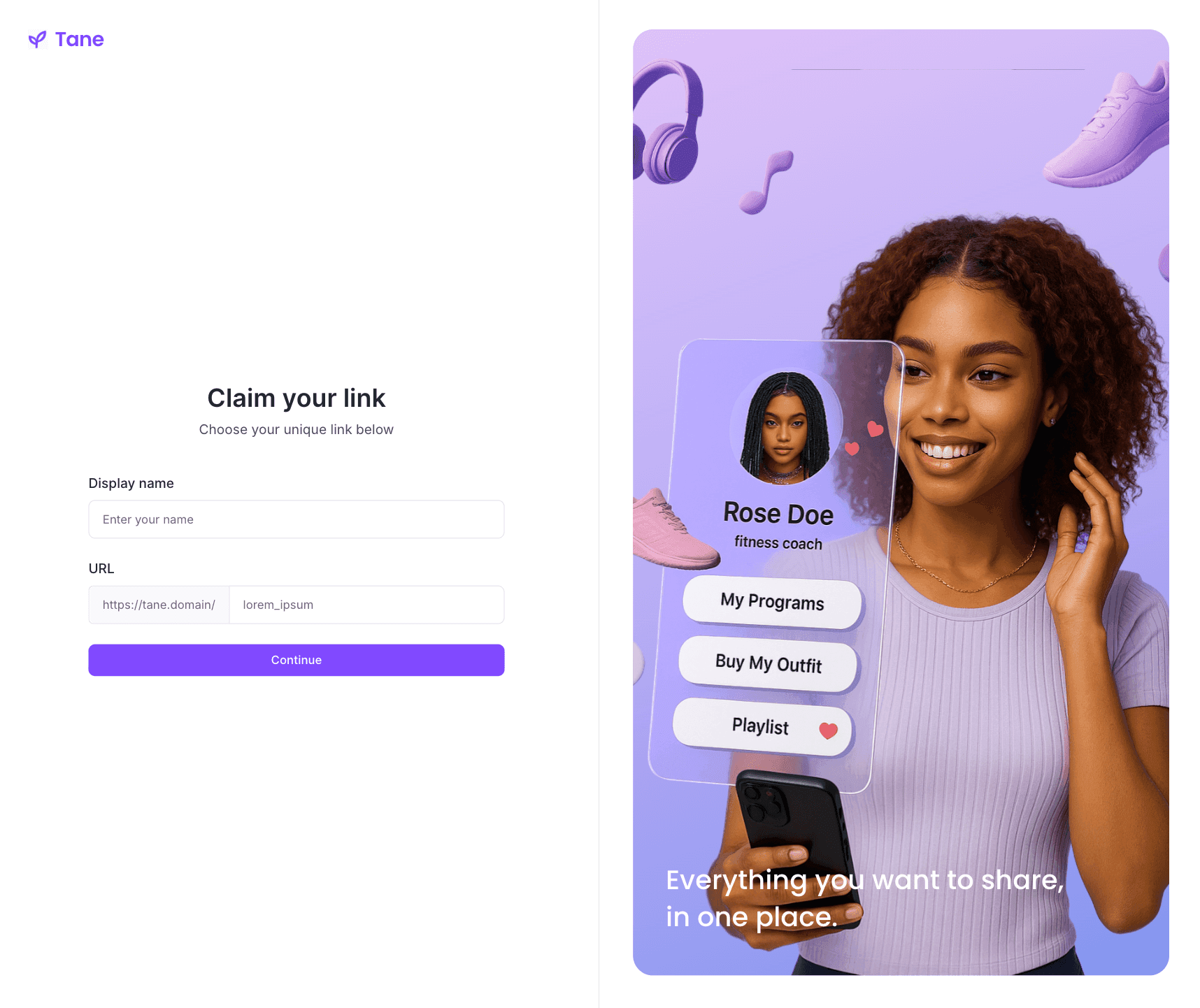 Onboarding page on Tane - A Link in Bio Tool
